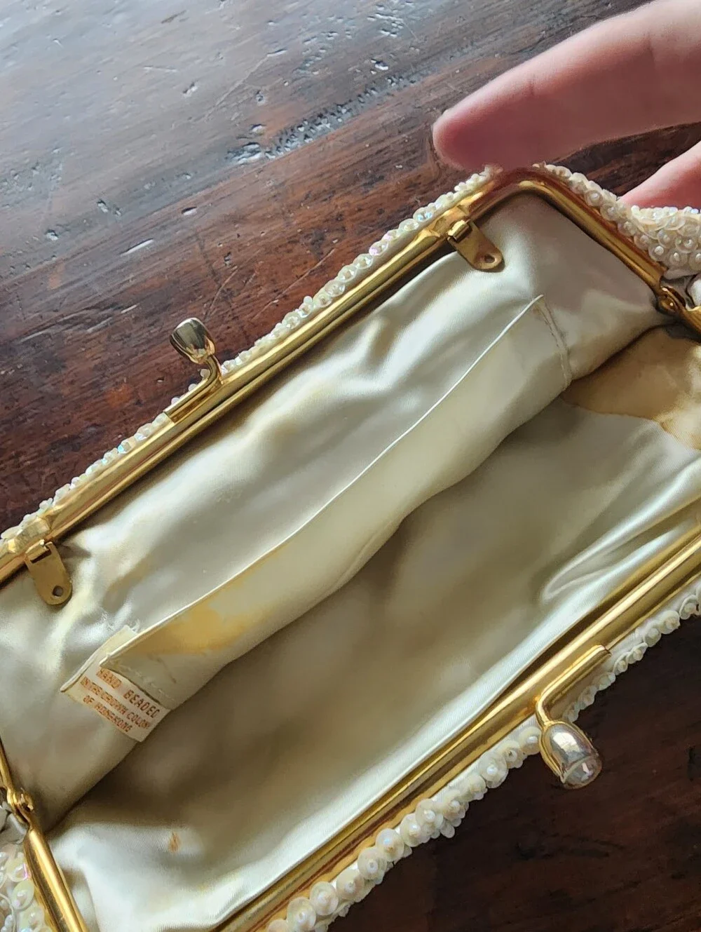 Vintage Evening Clutch Purse White Hand Beaded Hong Kong Wedding Prom DAMAGED